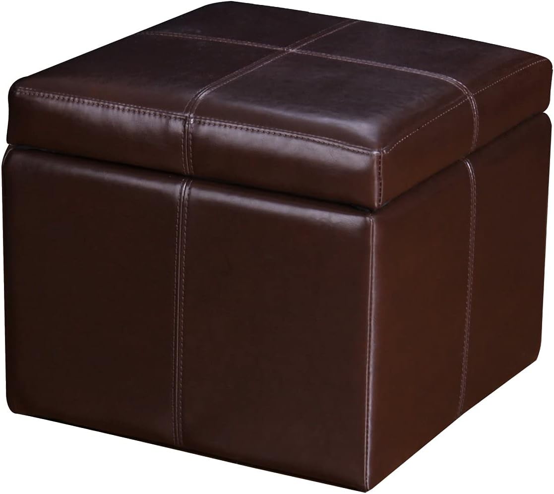 Adeco Storage Ottoman Foot Rest Stool, Leather Ottoman Footstool with Wood Legs and Hinged Lid, 18" Small Foot Stool Bench for Living Room, Bedroom, Black