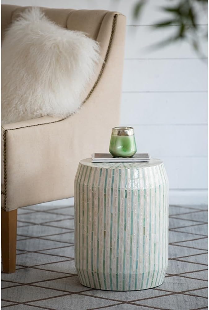 14x14x18 Cream and Green Cylinder Accent Stool with Striped Pattern,for Hallway