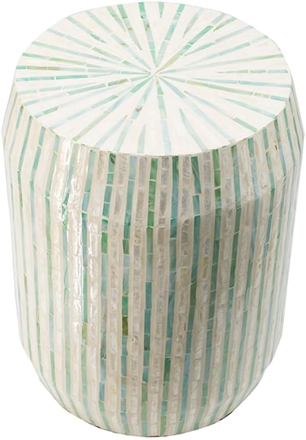 14x14x18 Cream and Green Cylinder Accent Stool with Striped Pattern,for Hallway