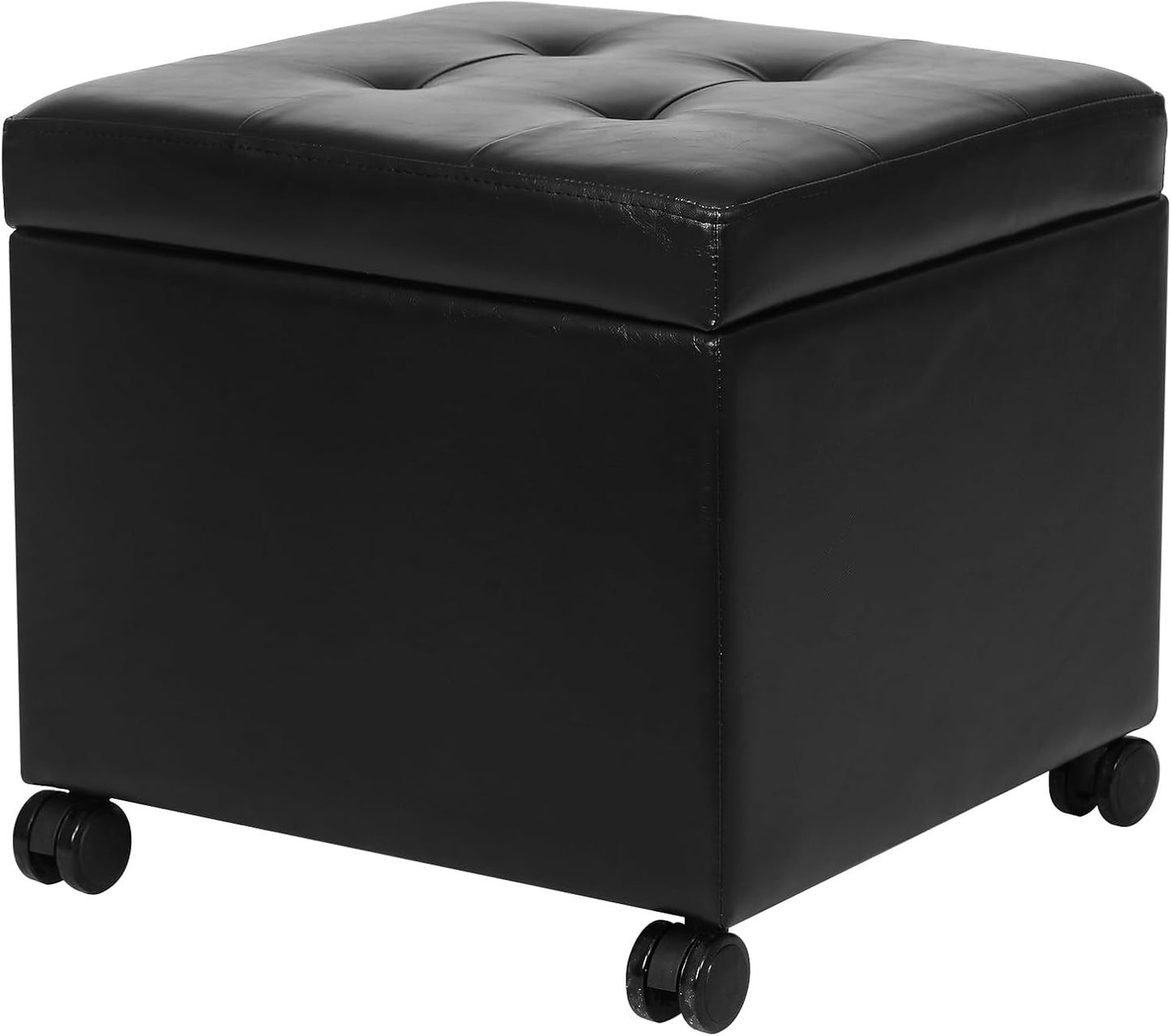 Adeco Storage Ottoman Foot Rest Stool, Leather Ottoman Footstool with Wood Legs and Hinged Lid, 18" Small Foot Stool Bench for Living Room, Bedroom, Black