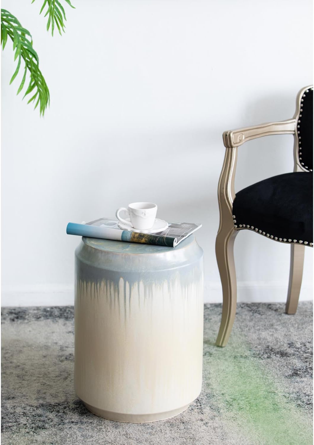 Asian Aesthetics Allure Glaze Ceramic Stool - 13" Dia. x 18" H - Blue/Cream - Decorative Ceramic Stool with Reactive Glaze Finish