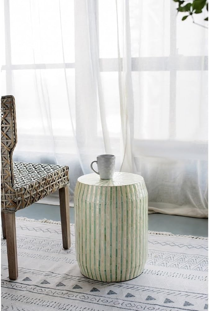 14x14x18 Cream and Green Cylinder Accent Stool with Striped Pattern,for Hallway