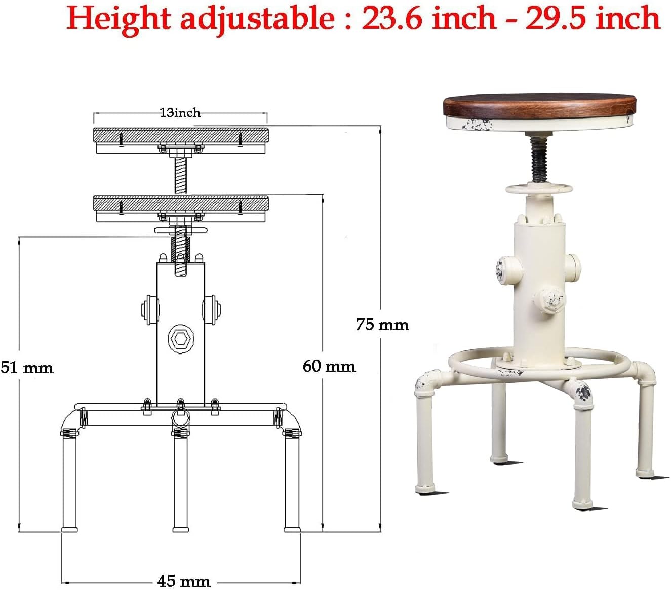 Topower Aged Antique Vintage Industrial Barstool Solid Wood Water Pipe Fire Hydrant Design Cafe Coffee Industrial Bar Stool Set of 2 Antique White