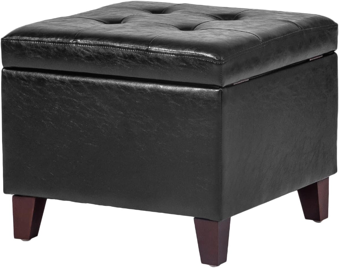 Adeco Storage Ottoman Foot Rest Stool, Leather Ottoman Footstool with Wood Legs and Hinged Lid, 18" Small Foot Stool Bench for Living Room, Bedroom, Black