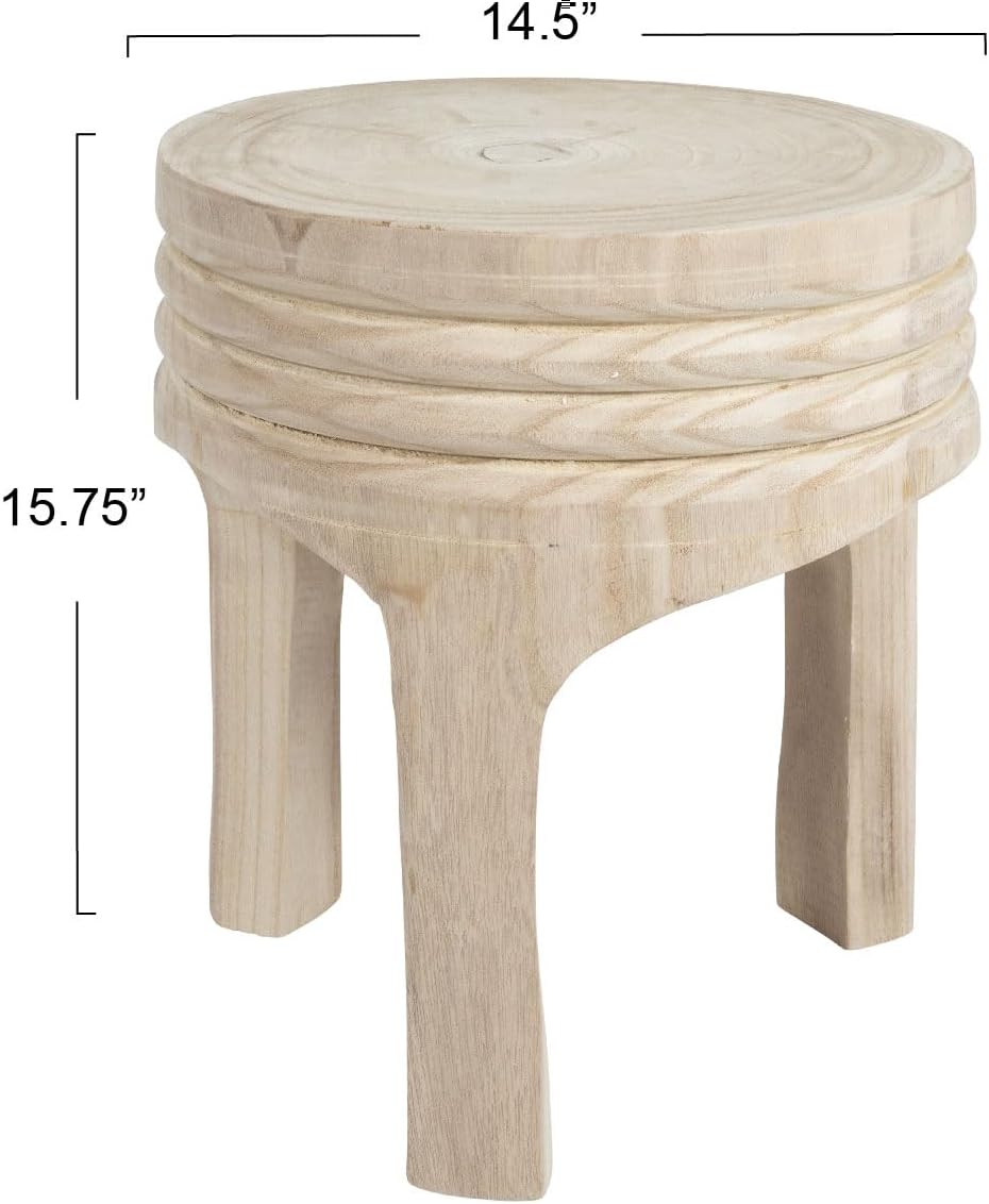 Creative Co-Op Boho Hand-Carved Paulownia Wood Stool, Natural