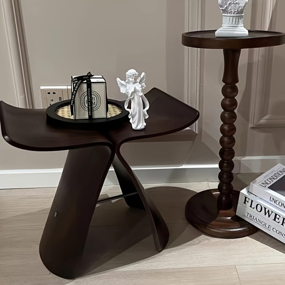 Chic Vintage Butterfly Stool - Solid Wood, Armless, Backless Design for Living Room & Entryway - Elegant Storage Solution (Walnut)