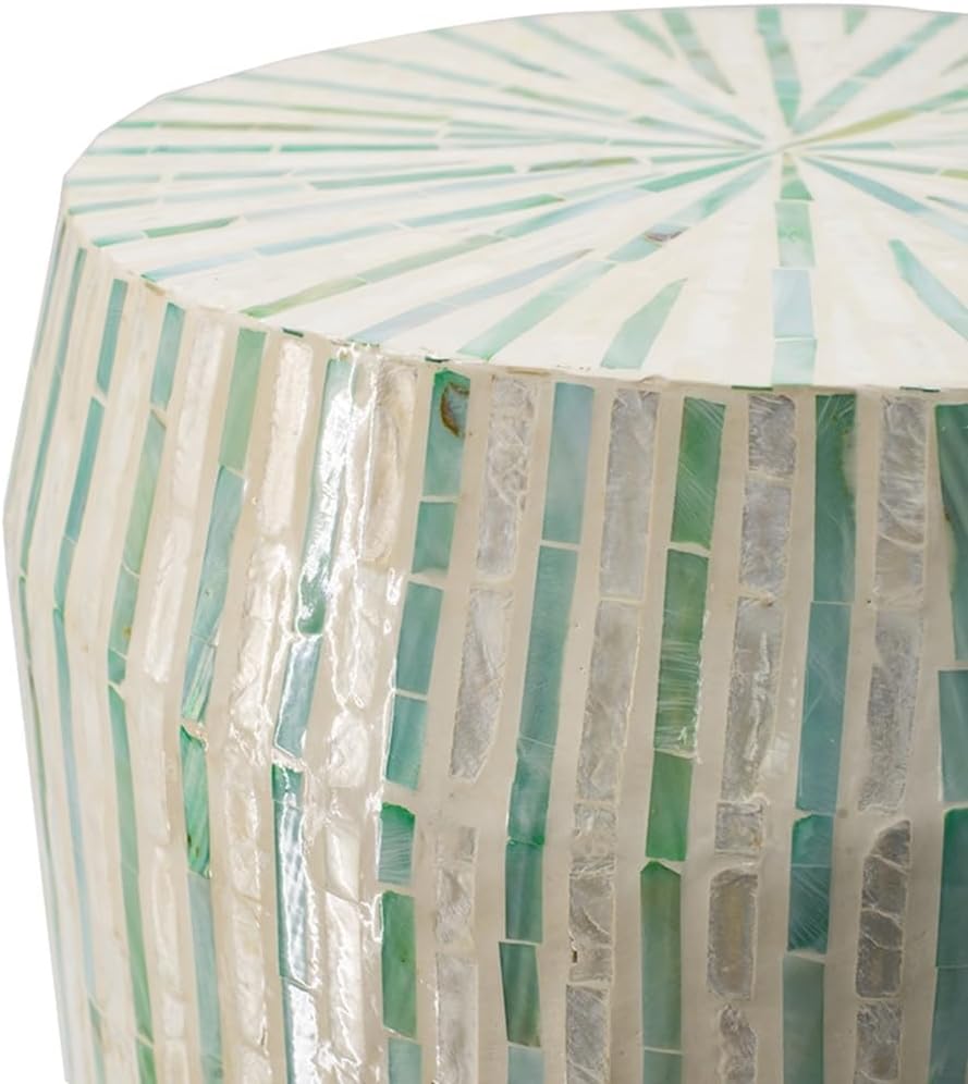 14x14x18 Cream and Green Cylinder Accent Stool with Striped Pattern,for Hallway