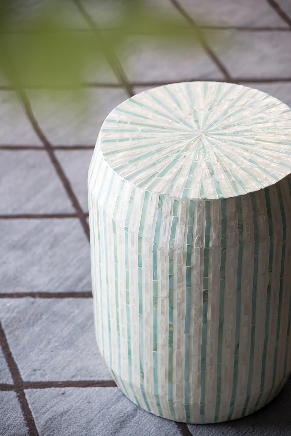 14x14x18 Cream and Green Cylinder Accent Stool with Striped Pattern,for Hallway