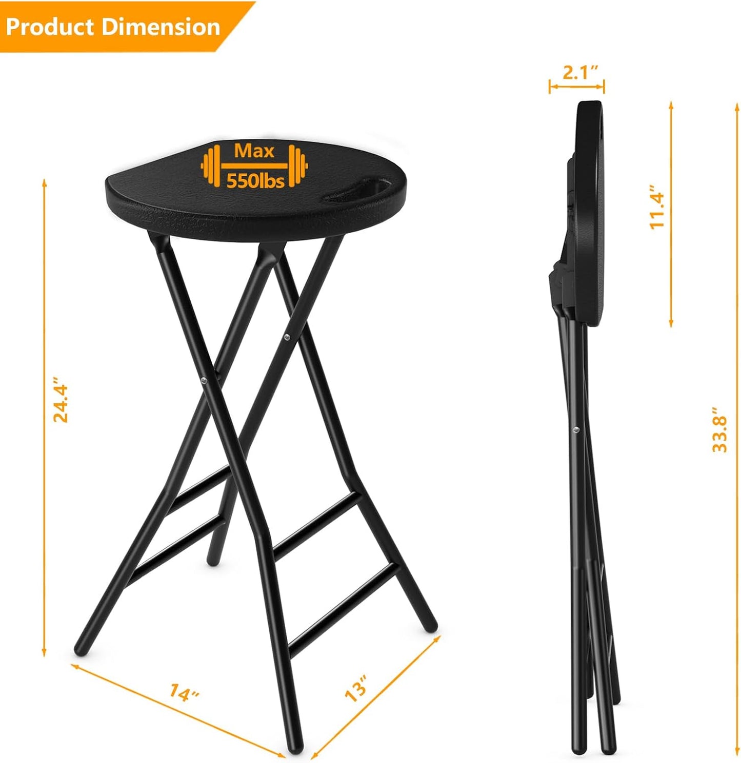 5Rcom Folding Stool, 24 inch Tall Folding Bar Stool with Safety Lock, Metal and Plastic Foldable Stool for Adults with Handle and Steel Frame Legs, 550lbs Capacity, Black