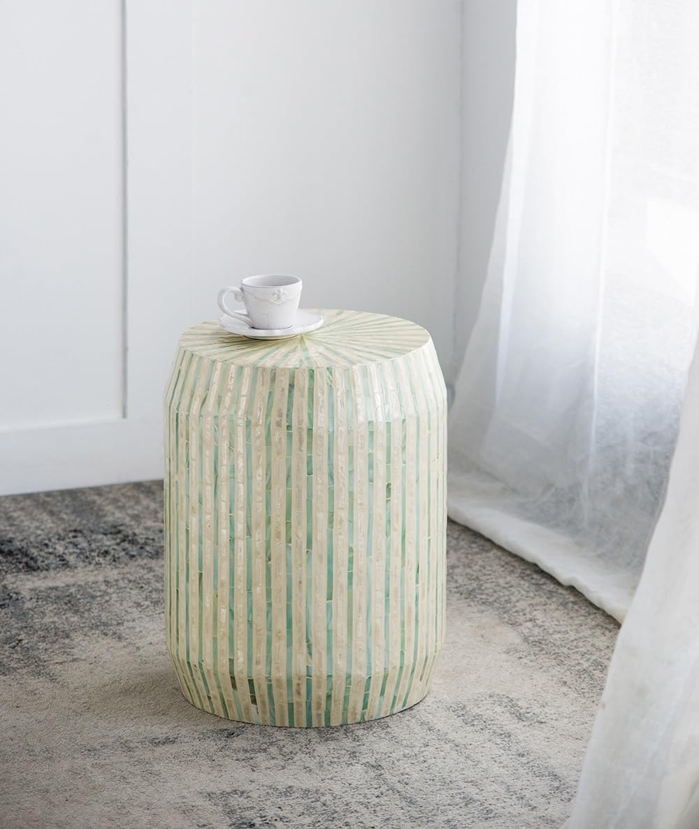 14x14x18 Cream and Green Cylinder Accent Stool with Striped Pattern,for Hallway