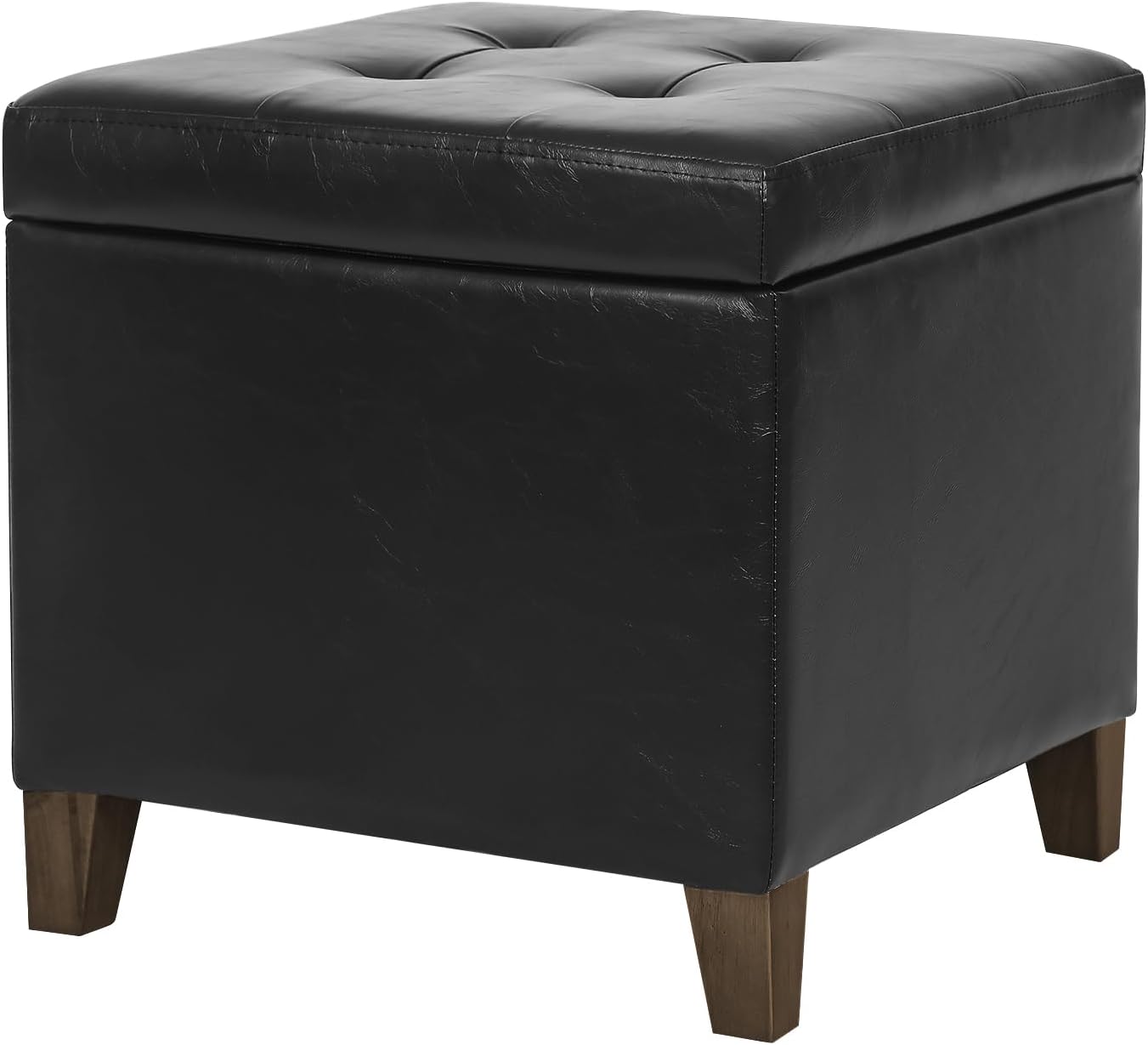 Adeco Storage Ottoman Foot Rest Stool, Leather Ottoman Footstool with Wood Legs and Hinged Lid, 18" Small Foot Stool Bench for Living Room, Bedroom, Black