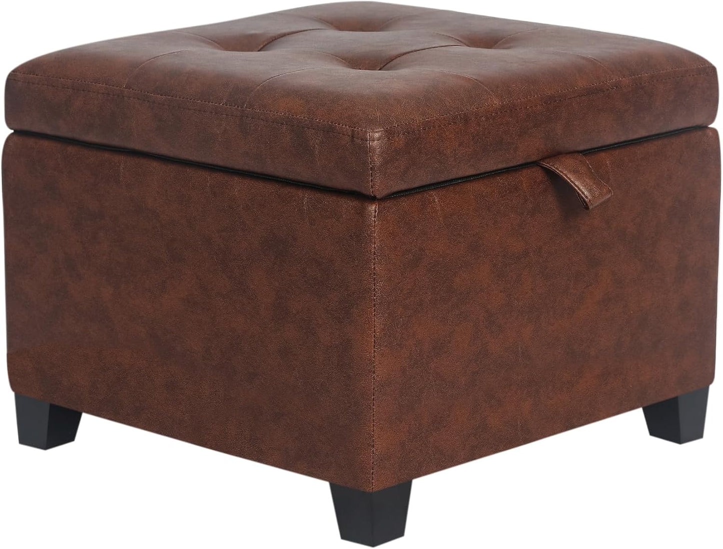 Adeco Storage Ottoman Foot Rest Stool, Leather Ottoman Footstool with Wood Legs and Hinged Lid, 18" Small Foot Stool Bench for Living Room, Bedroom, Black