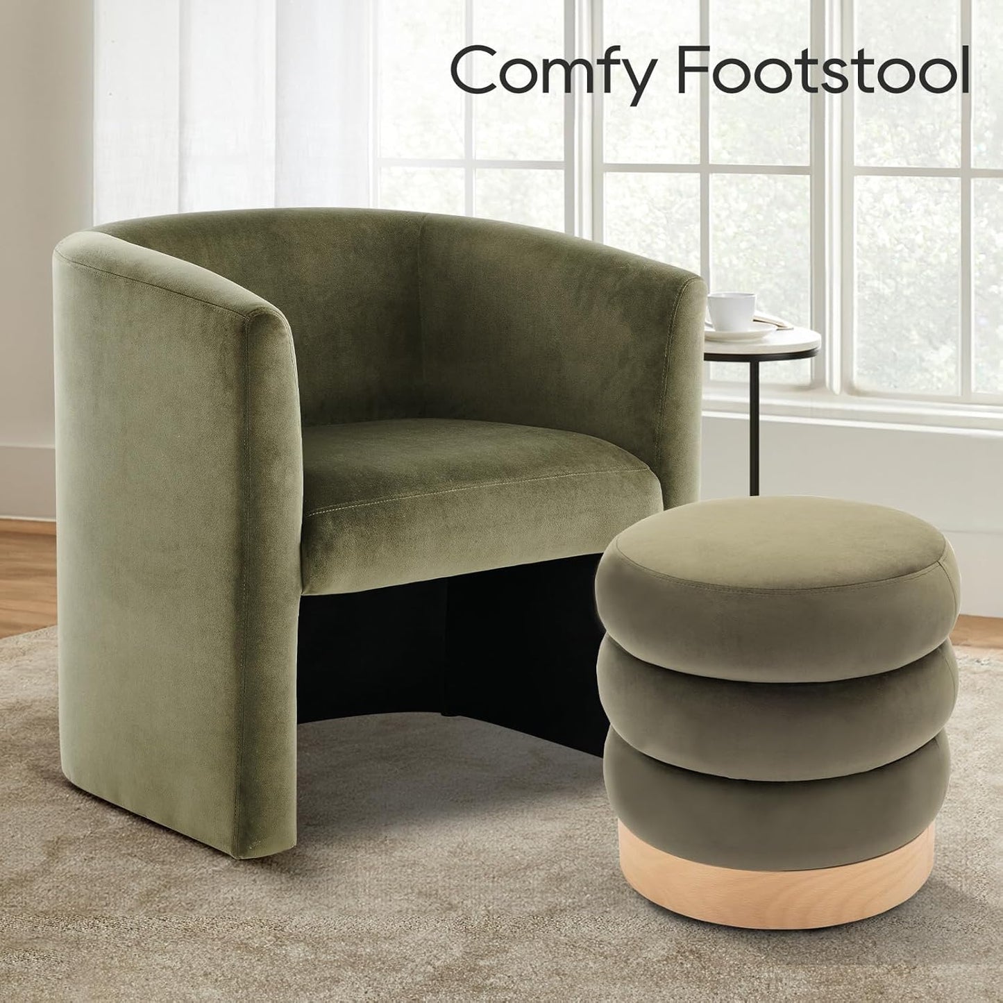 COLAMY Velvet Ottoman Footstool, Tufted Modern Foot Rest Stool with Wood Base for Living Room, Bedroom, Desk, Round Versatile Side End Table, Pouf, Makeup Seat, Green