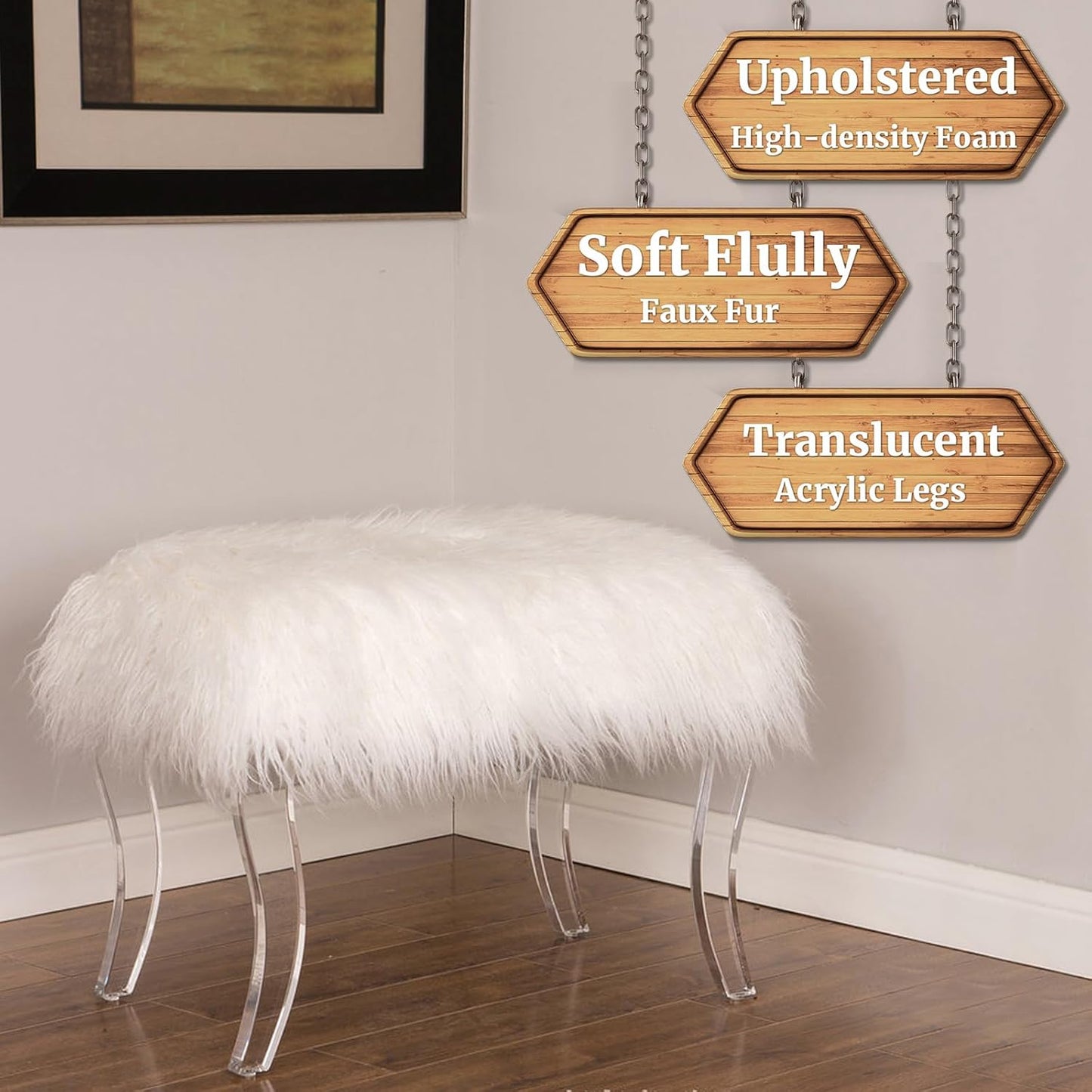 Glitzhome Modern Style White Faux Fur Ottoman Footrest Stool Vanity Stool with Acrylic Legs Accent Bench for Bedroom