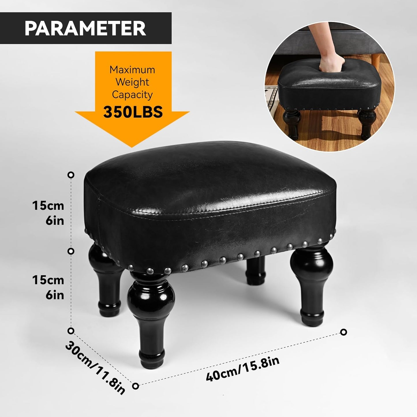 Leather Footrest Wood Ottoman,Rustic Foot Stools Seat, Wood Footstool,Rectangle Footrest Small Ottoman for Bedroom, Living Room, Office,Entrance Hall (Black)