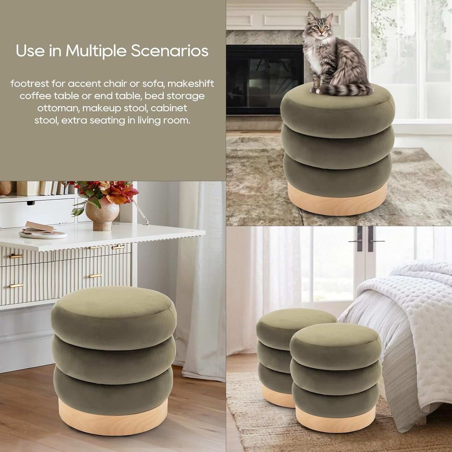 COLAMY Velvet Ottoman Footstool, Tufted Modern Foot Rest Stool with Wood Base for Living Room, Bedroom, Desk, Round Versatile Side End Table, Pouf, Makeup Seat, Green