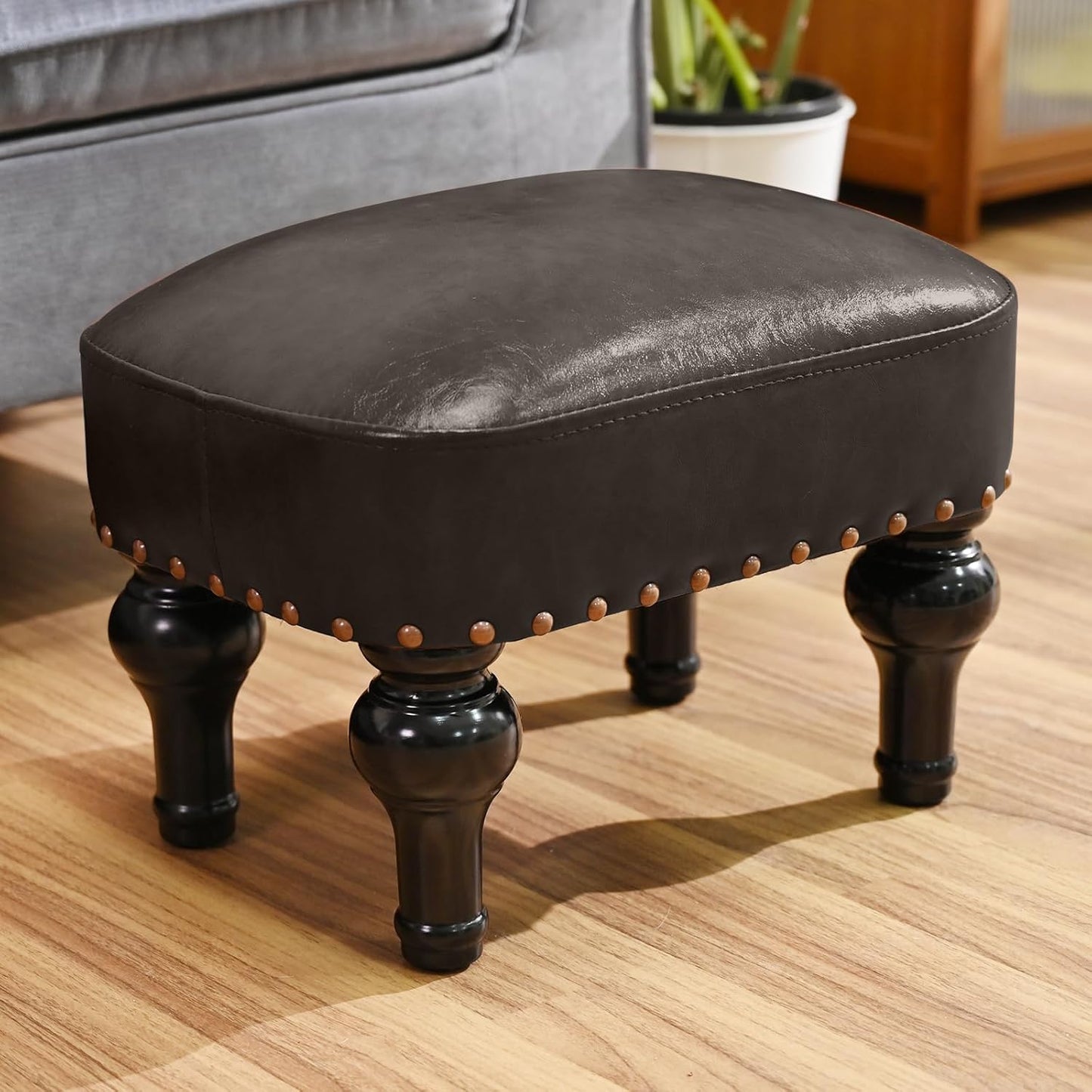 Leather Footrest Wood Ottoman,Rustic Foot Stools Seat, Wood Footstool,Rectangle Footrest Small Ottoman for Bedroom, Living Room, Office,Entrance Hall (Black)