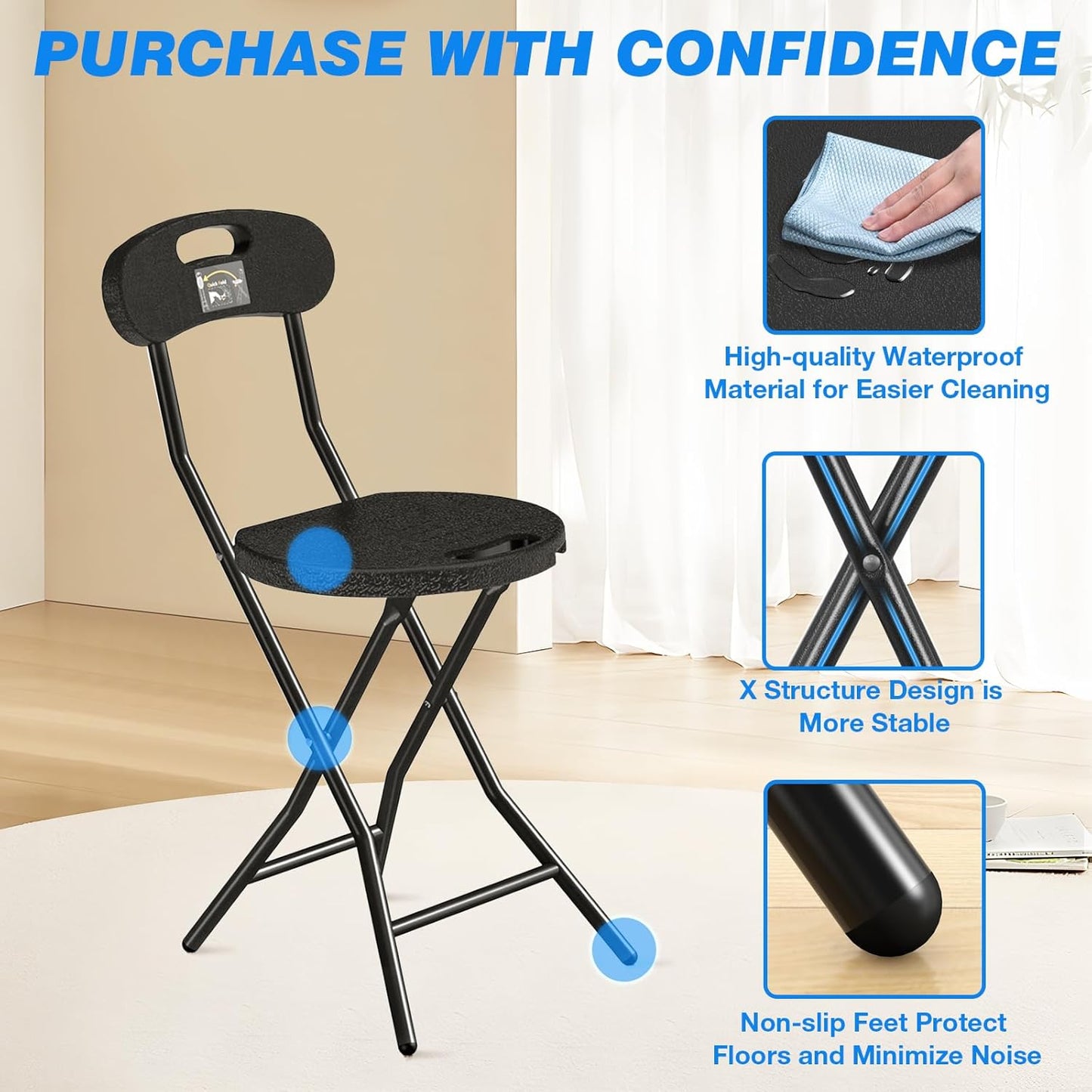 Rfiver Folding Stool with Back, Heavy Duty Foldable Stools for Adults with Handle, Portable Folding Stool Chair (18 inch Set of 1)