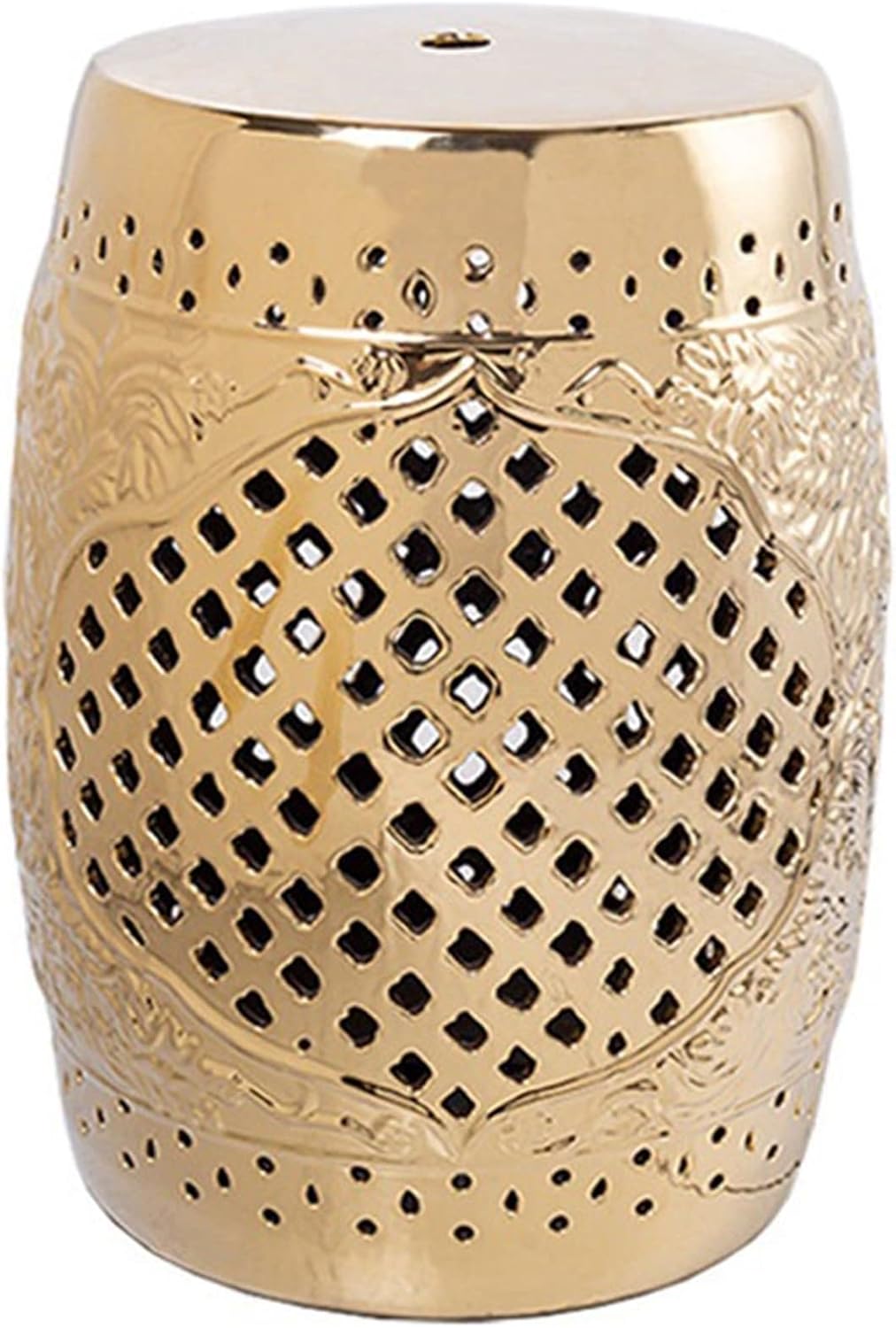 Drum Stool,Garden Stool, Decorative Ceramic Garden Stool with Glazed Hollowed Out Living Room Side Table for Changing Shoes, Suitable for Living Room, Balcony, Garden, Etc.(Gold)