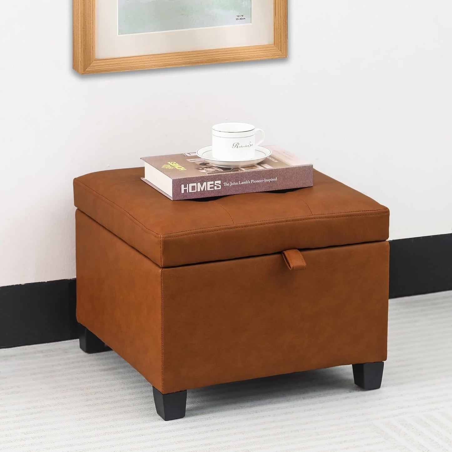 Adeco Storage Ottoman Foot Rest Stool, Leather Ottoman Footstool with Wood Legs and Hinged Lid, 18" Small Foot Stool Bench for Living Room, Bedroom, Black