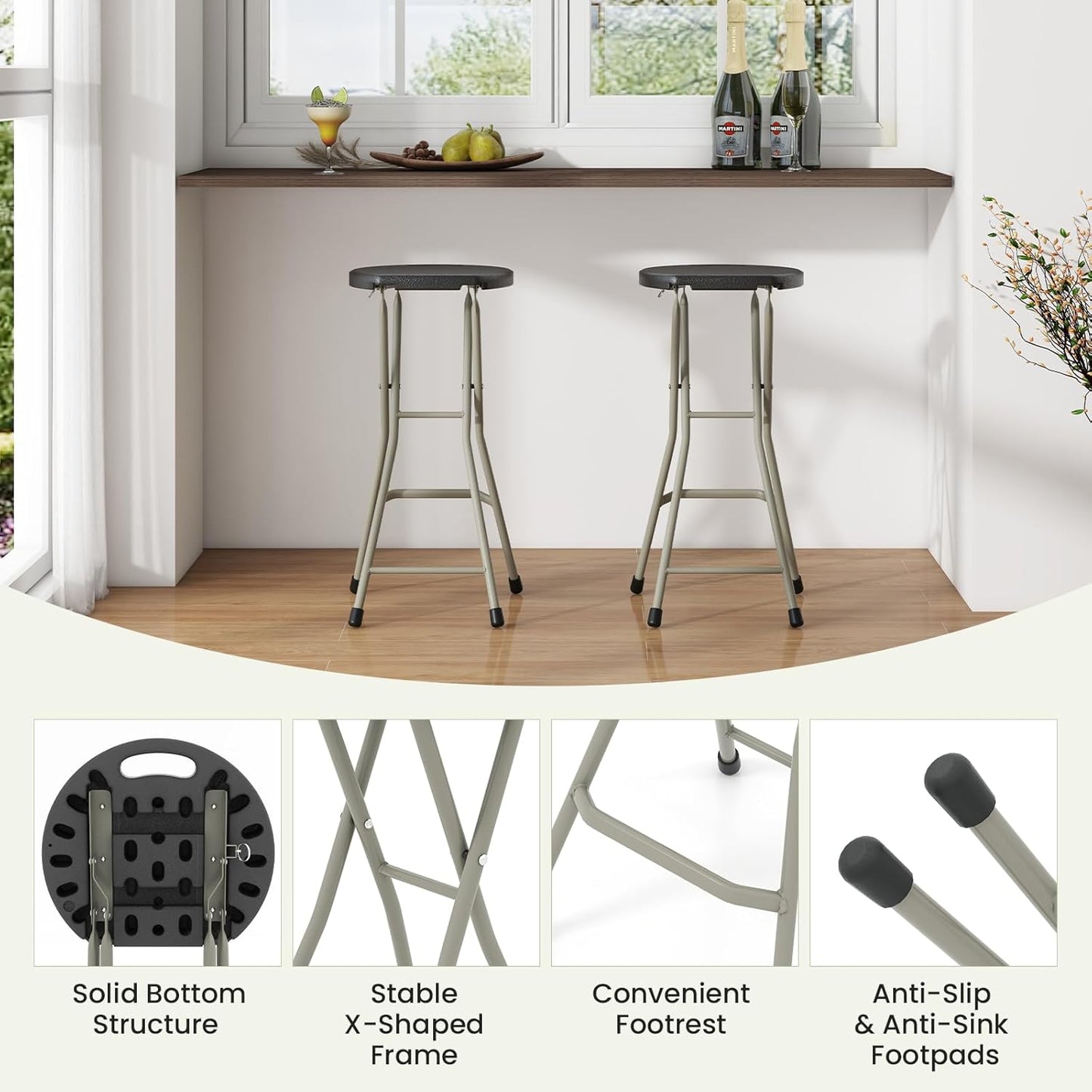 GYMAX Folding Stool, 28in Portable Collapsible Bar Stool with Handle & Steel Frame, 330lbs Sturdy Foldable Lightweight Metal Chair for Outdoor/Indoor Kitchen Home Bar, Assembly Free (Set of 1, 28inch)