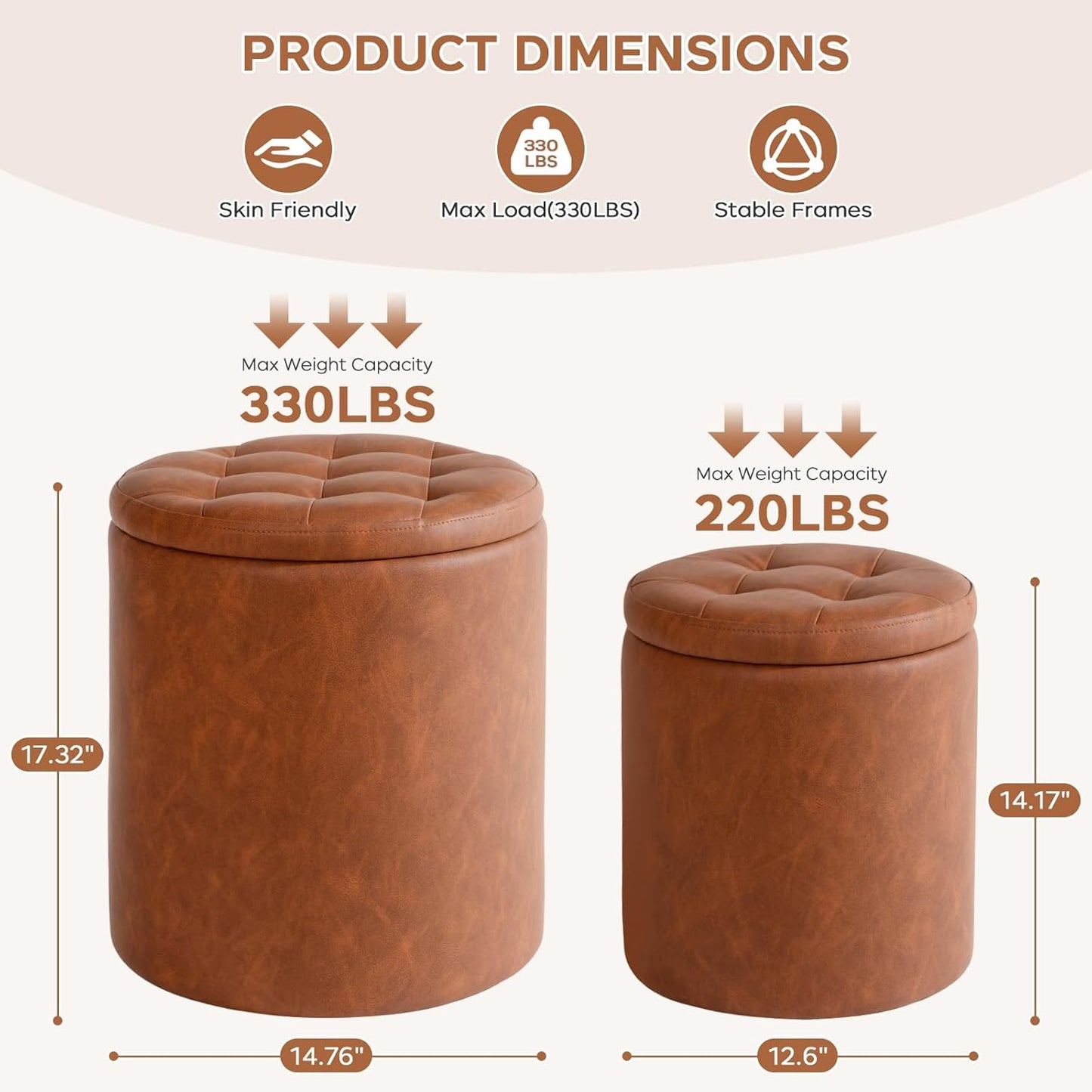 Round Ottoman with Storage Set of 2, Faux Leather Button Tufted Storage Ottoman, Boucle Foot Stool Vanity Stool, Foot Rest Coffee Table for Living Room, Bedroom, Support 300 lbs, Brown