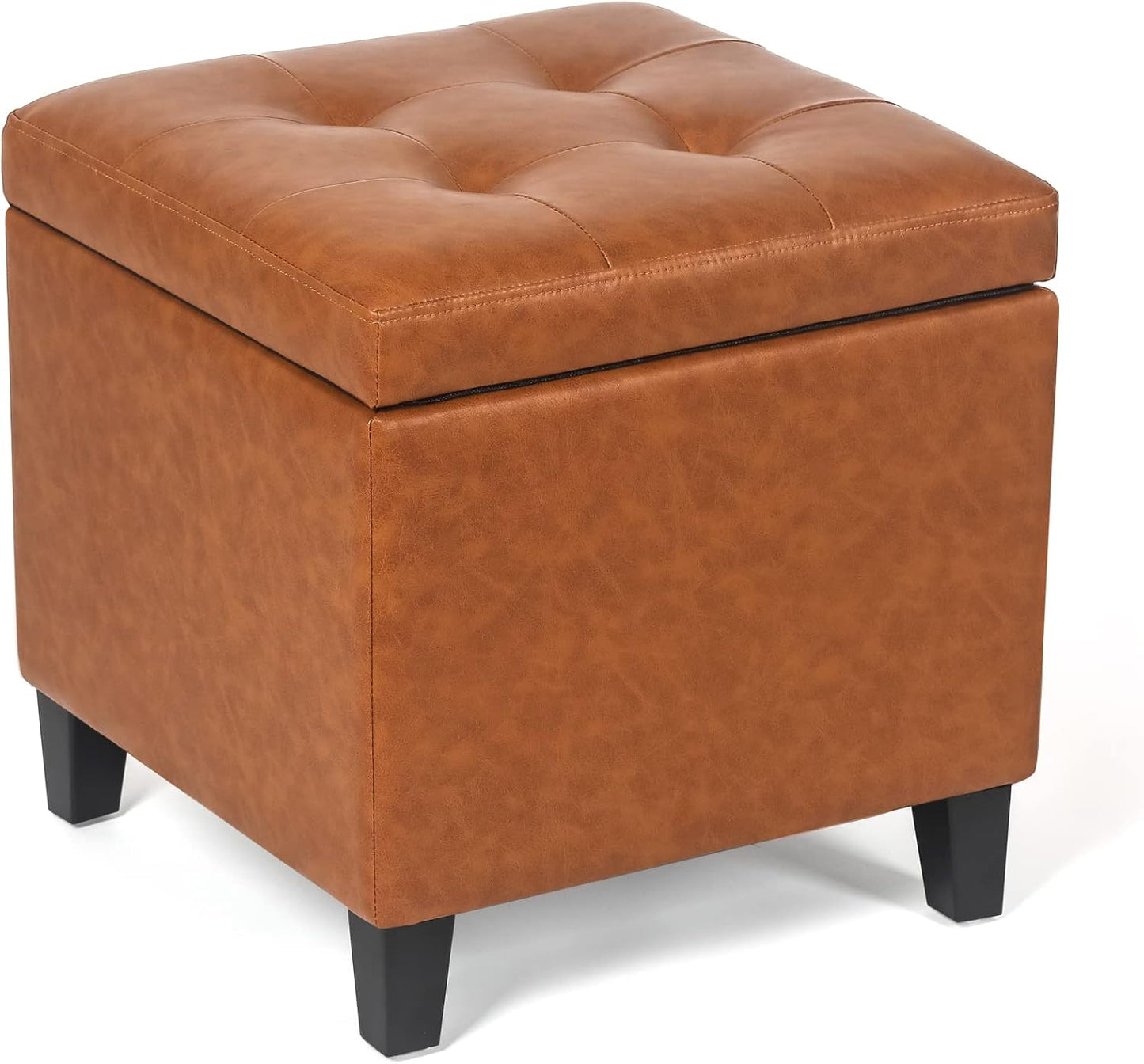 Adeco Storage Ottoman Foot Rest Stool, Leather Ottoman Footstool with Wood Legs and Hinged Lid, 18" Small Foot Stool Bench for Living Room, Bedroom, Black