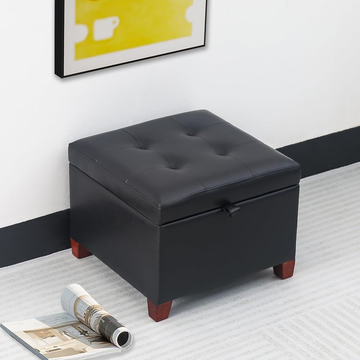 Adeco Storage Ottoman Foot Rest Stool, Leather Ottoman Footstool with Wood Legs and Hinged Lid, 18" Small Foot Stool Bench for Living Room, Bedroom, Black