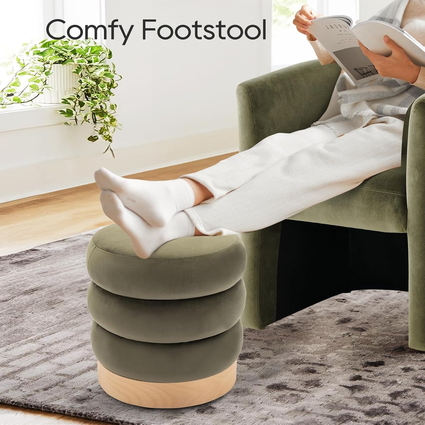 COLAMY Velvet Ottoman Footstool, Tufted Modern Foot Rest Stool with Wood Base for Living Room, Bedroom, Desk, Round Versatile Side End Table, Pouf, Makeup Seat, Green