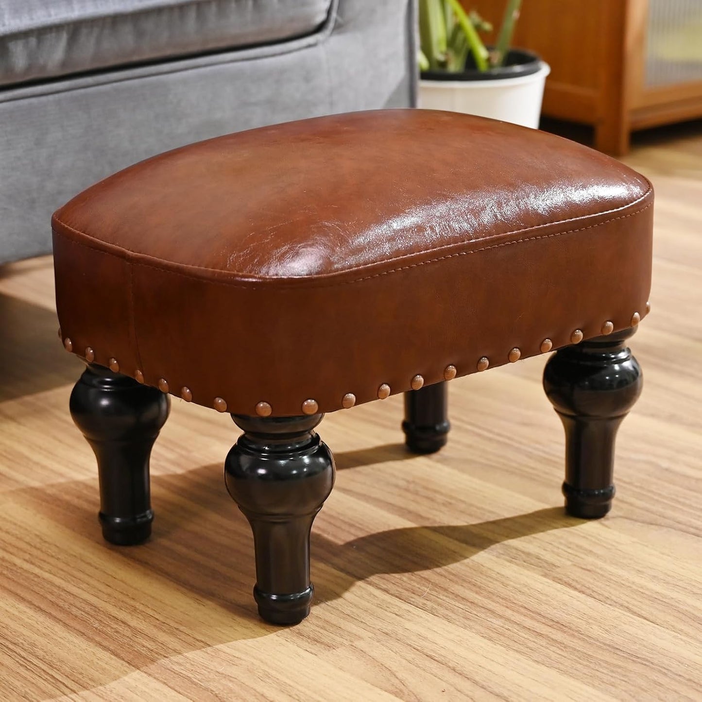 Leather Footrest Wood Ottoman,Rustic Foot Stools Seat, Wood Footstool,Rectangle Footrest Small Ottoman for Bedroom, Living Room, Office,Entrance Hall (Black)