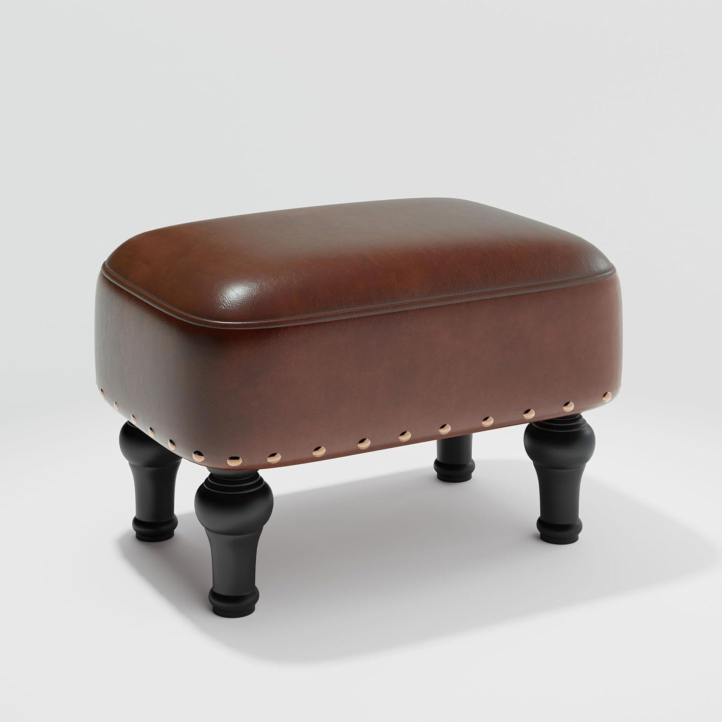 Ottoman Leather Foot Rest with Thicker Foam Padded Seat, Footstool with Wooden Legs (Black)