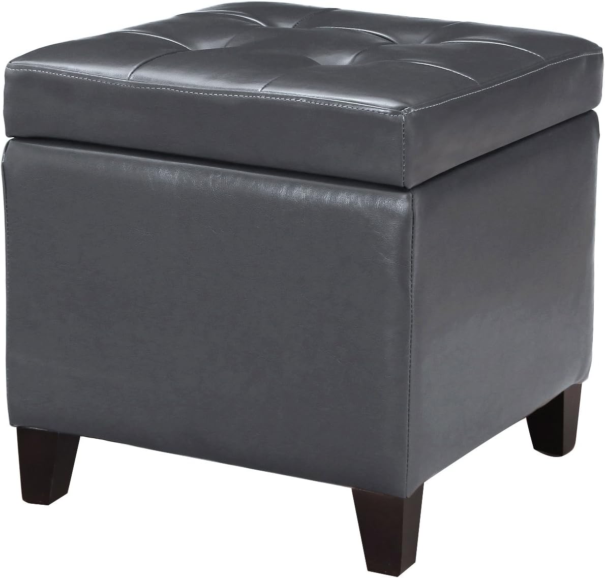 Adeco Storage Ottoman Foot Rest Stool, Leather Ottoman Footstool with Wood Legs and Hinged Lid, 18" Small Foot Stool Bench for Living Room, Bedroom, Black