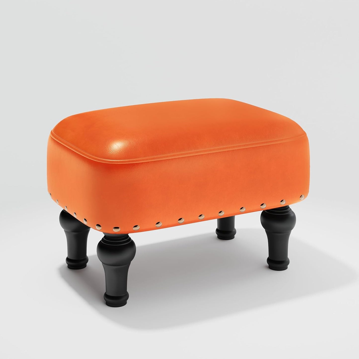 Ottoman Leather Foot Rest with Thicker Foam Padded Seat, Footstool with Wooden Legs (Black)