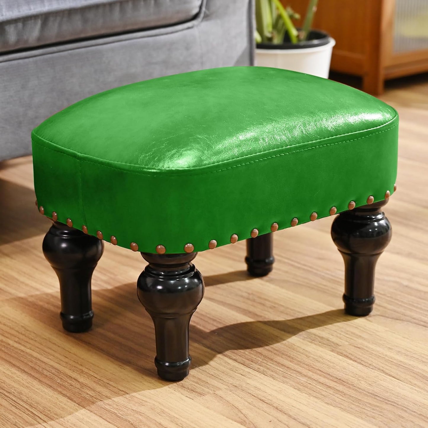 Leather Footrest Wood Ottoman,Rustic Foot Stools Seat, Wood Footstool,Rectangle Footrest Small Ottoman for Bedroom, Living Room, Office,Entrance Hall (Black)