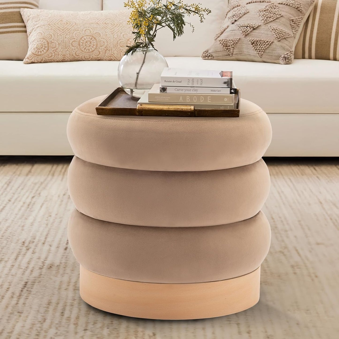 COLAMY Velvet Ottoman Footstool, Tufted Modern Foot Rest Stool with Wood Base for Living Room, Bedroom, Desk, Round Versatile Side End Table, Pouf, Makeup Seat, Green