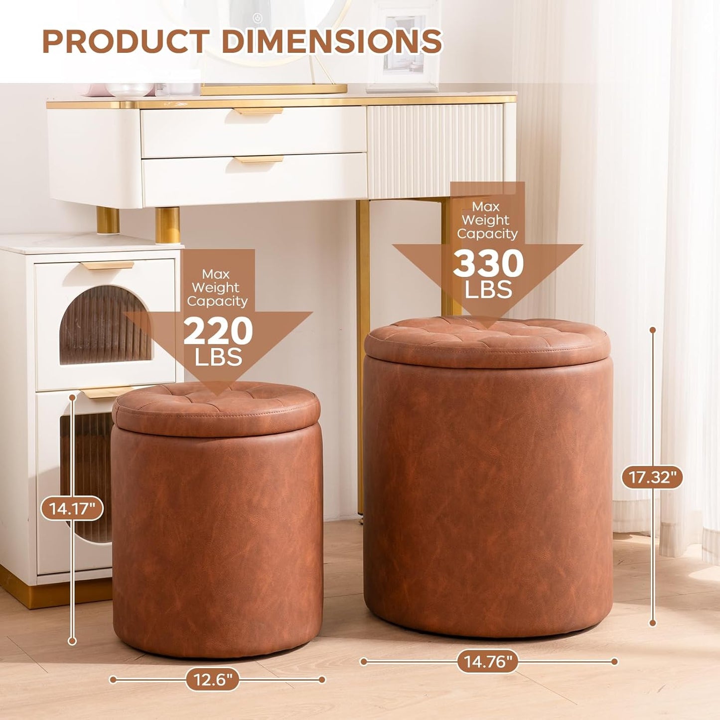 Round Ottoman with Storage Set of 2, Faux Leather Button Tufted Storage Ottoman, Boucle Foot Stool Vanity Stool, Foot Rest Coffee Table for Living Room, Bedroom, Support 300 lbs, Brown