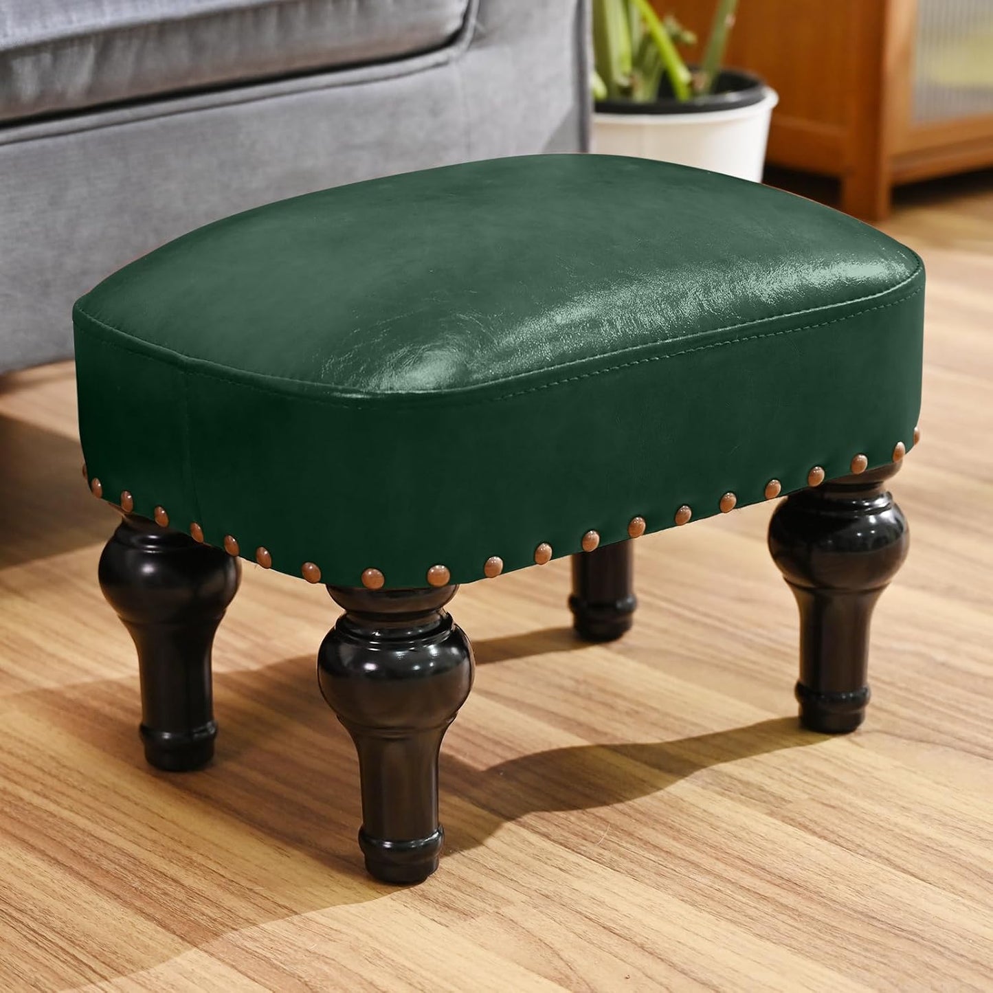 Leather Footrest Wood Ottoman,Rustic Foot Stools Seat, Wood Footstool,Rectangle Footrest Small Ottoman for Bedroom, Living Room, Office,Entrance Hall (Black)