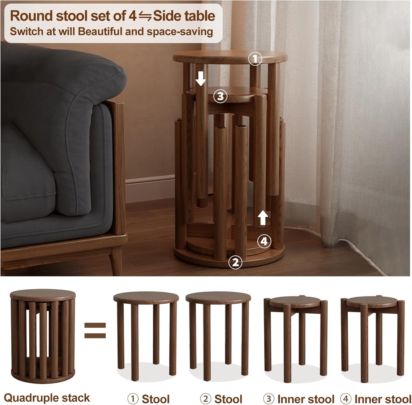 Stackable Stools Set of 4, Wooden Stools 18 Inch Stool Nesting Side Tables Nesting Coffee Table Sturdy and Durable, No Installation Required,Top Stackable Round Stool for Saving space(Walnut Barstool)