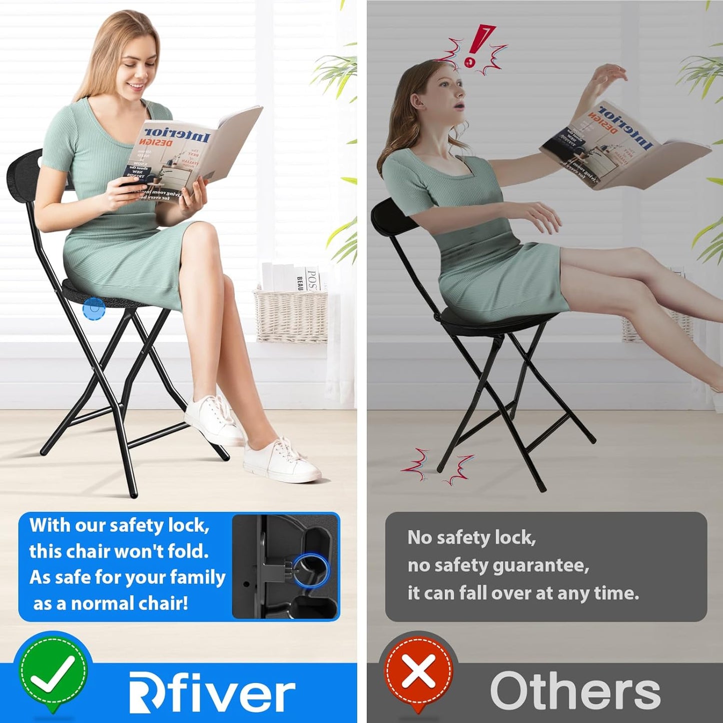 Rfiver Folding Stool with Back, Heavy Duty Foldable Stools for Adults with Handle, Portable Folding Stool Chair (18 inch Set of 1)