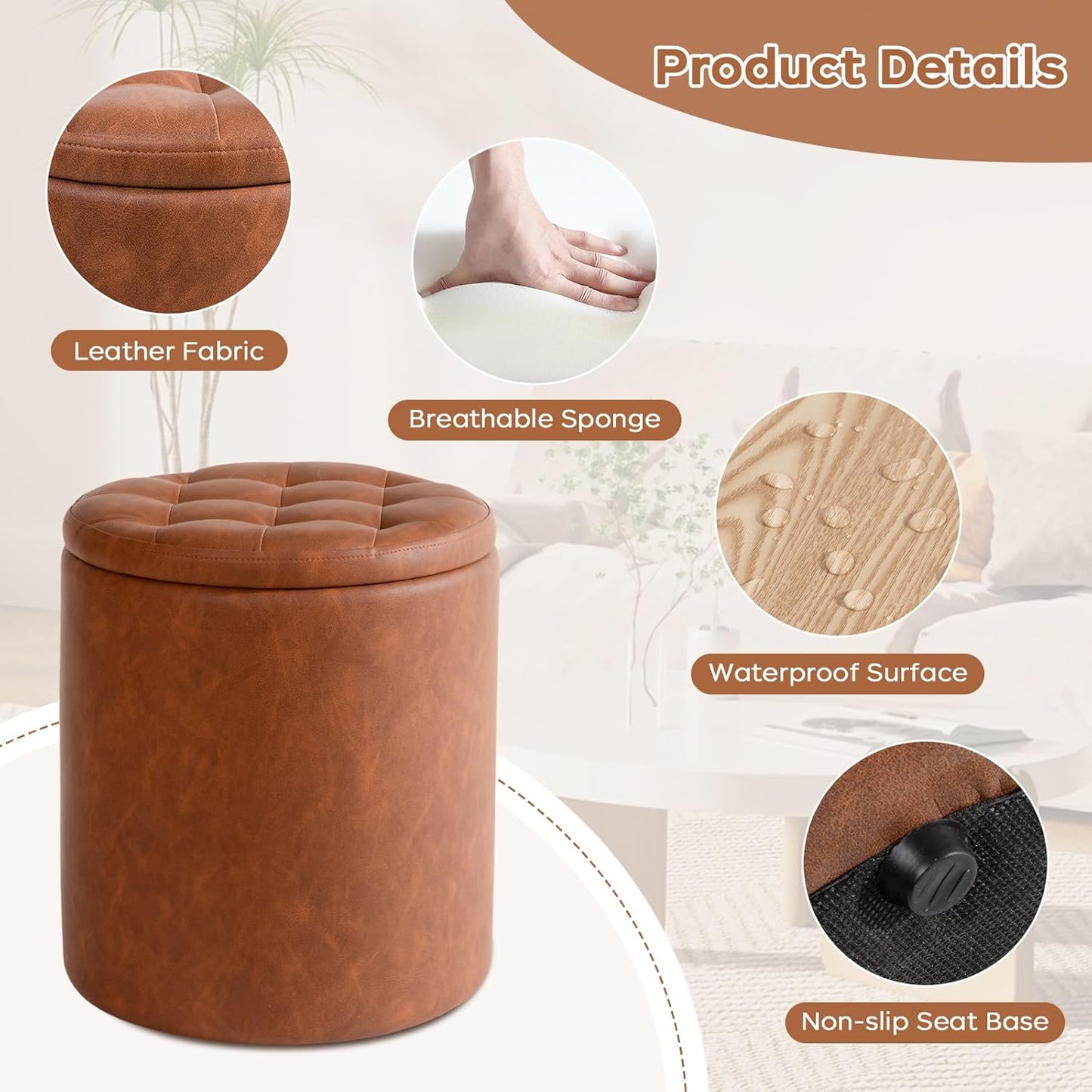 Round Ottoman with Storage Set of 2, Faux Leather Button Tufted Storage Ottoman, Boucle Foot Stool Vanity Stool, Foot Rest Coffee Table for Living Room, Bedroom, Support 300 lbs, Brown