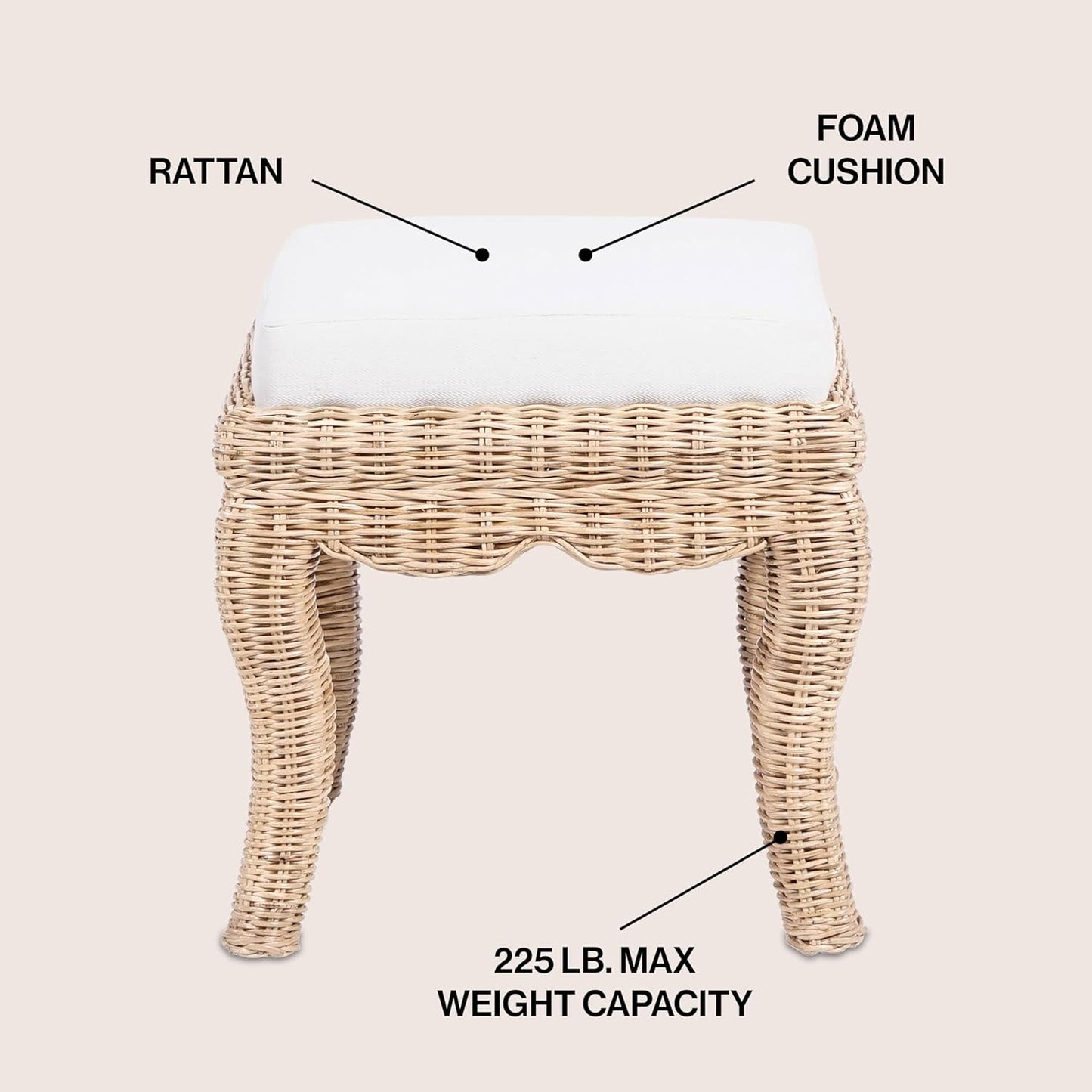 JONATHAN Y VSL1000A Rowan 19.7" Bohemian Designer Woven Rattan/Wood Vanity Stool, White Cushion with Natural Frame, for Living Room, Bedroom, Entryway, Foyer