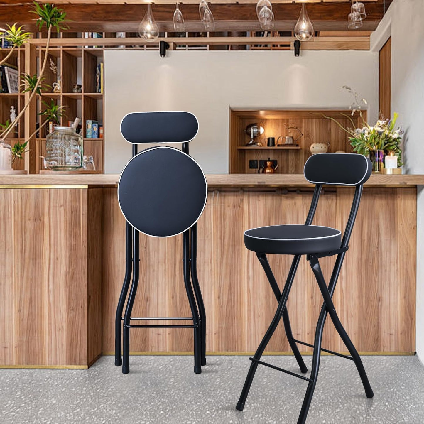 UWEAR 1 PCS Folding Bar Stool with Back, Tall Foldable Stool Leather Padded Portable Stools Counter Height Foldable Stools Chairs Collapsible Stool for Adults Kitchen Island (Black)