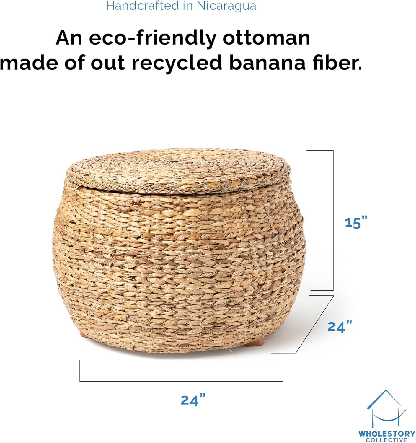 Round Storage Ottoman 24 inch Wicker Coffee Table Rattan Seagrass Foot Rest Stool with Large Lid for Living Room, Bedroom, Hand Woven, Natural Color, Boho, Coastal Farmhouse