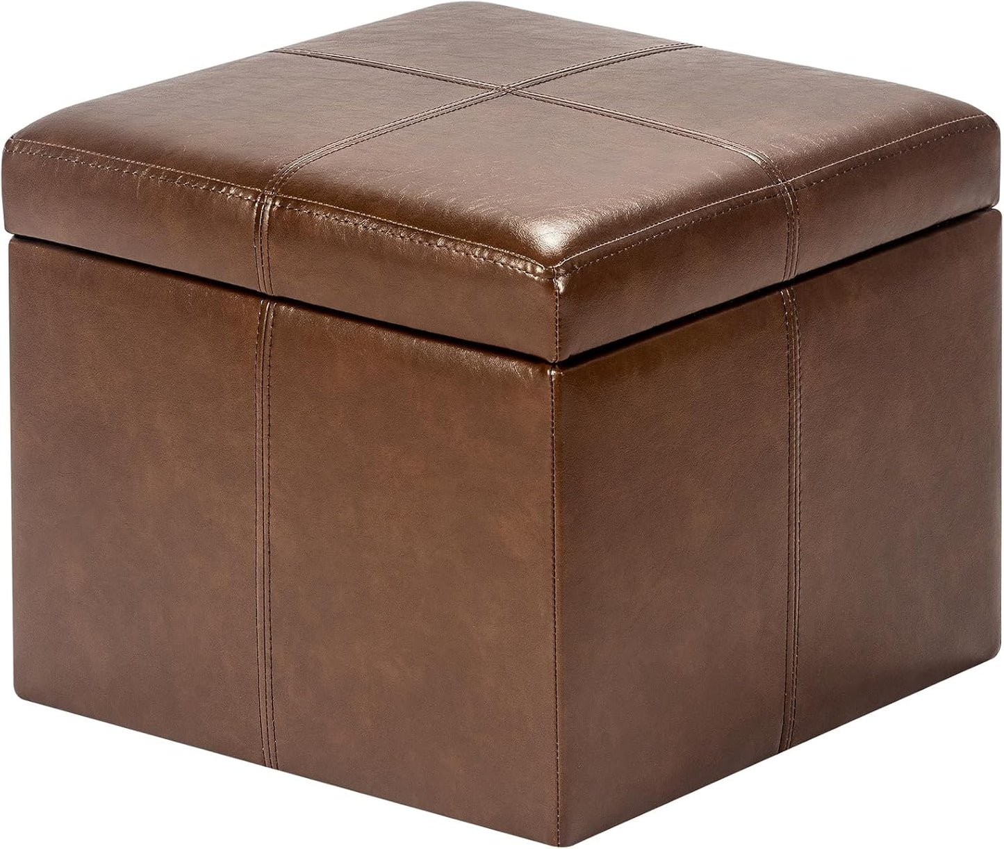 Adeco Storage Ottoman Foot Rest Stool, Leather Ottoman Footstool with Wood Legs and Hinged Lid, 18" Small Foot Stool Bench for Living Room, Bedroom, Black