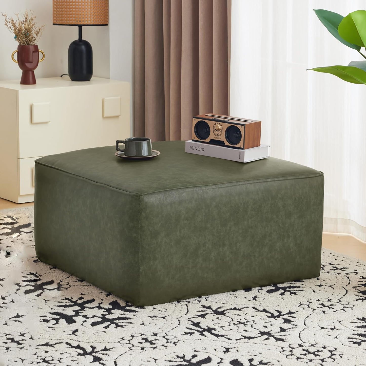 Christopher Knight Home Faux Leather Ottoman Footstool, Square Pouf Poufee Footrest Ottoman Large Seat, Modern Side Table for Living Room Bedroom Home Decor Gifts, Light Brown 30"