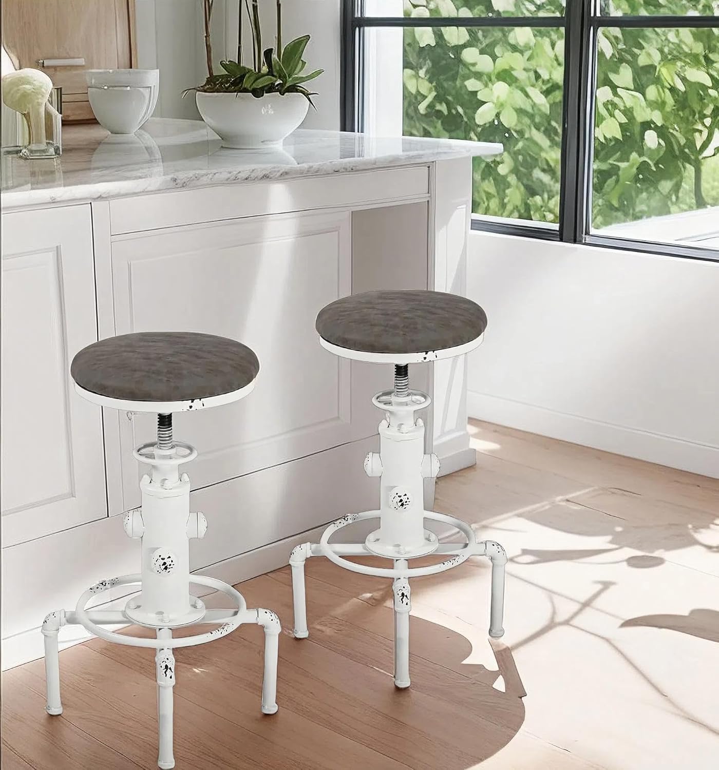 Topower Aged Antique Vintage Industrial Barstool Solid Wood Water Pipe Fire Hydrant Design Cafe Coffee Industrial Bar Stool Set of 2 Antique White