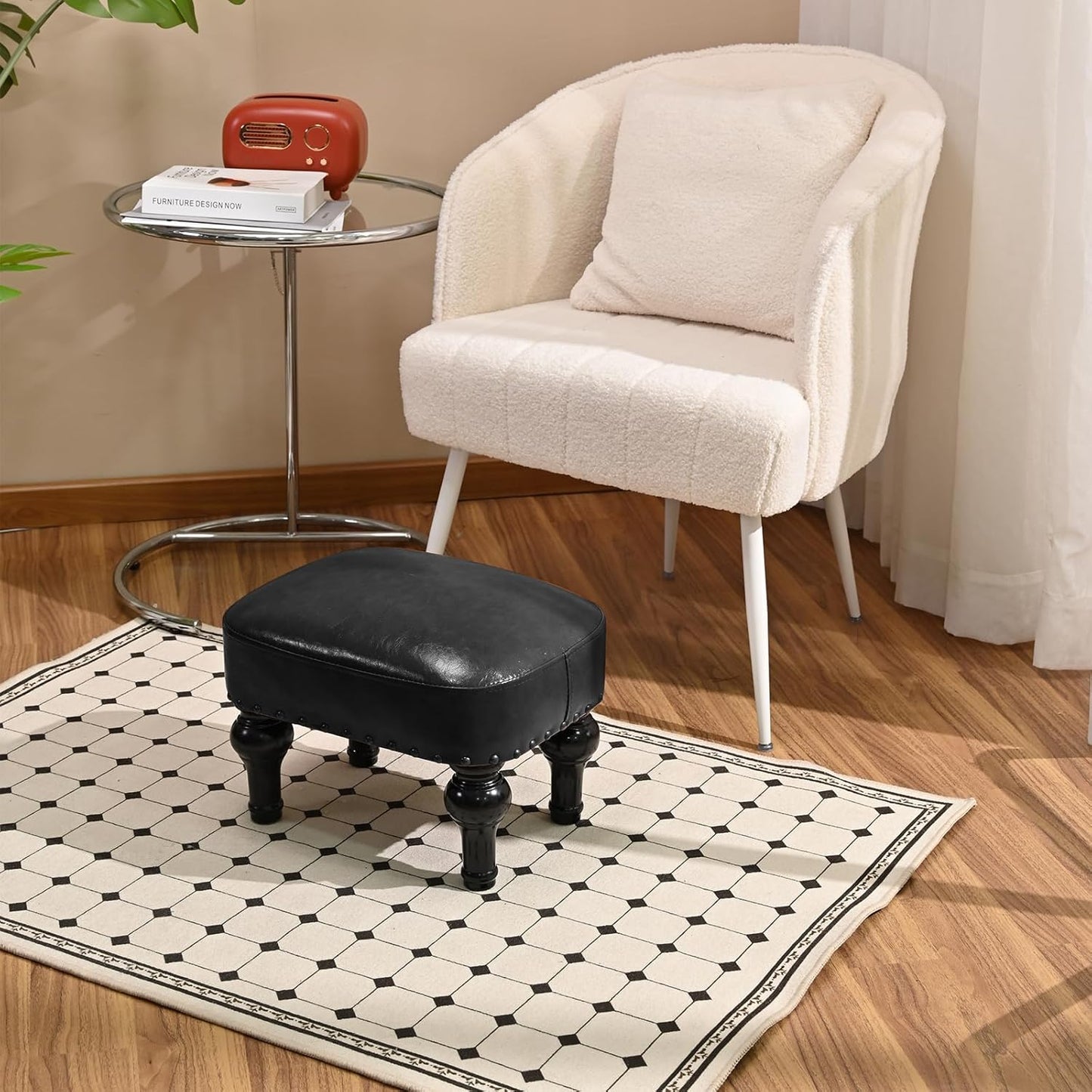 Leather Footrest Wood Ottoman,Rustic Foot Stools Seat, Wood Footstool,Rectangle Footrest Small Ottoman for Bedroom, Living Room, Office,Entrance Hall (Black)