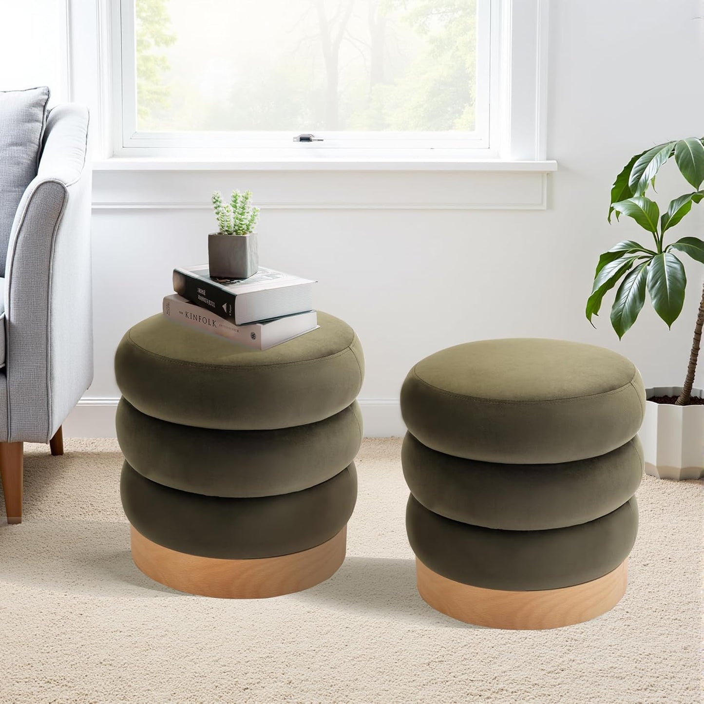 COLAMY Velvet Ottoman Footstool, Tufted Modern Foot Rest Stool with Wood Base for Living Room, Bedroom, Desk, Round Versatile Side End Table, Pouf, Makeup Seat, Green