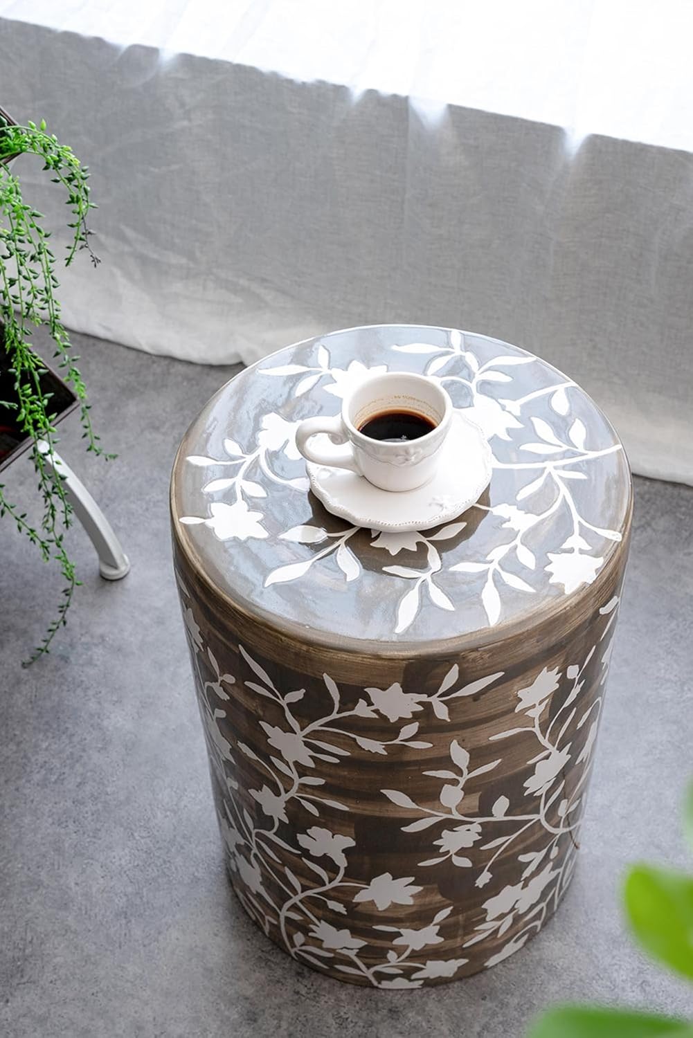 A & B Home 18 in H Cylinder Brown/White Ceramic Indoor Outdoor Hand Painted Stool with Flower Pattern, Home and Garden Décor