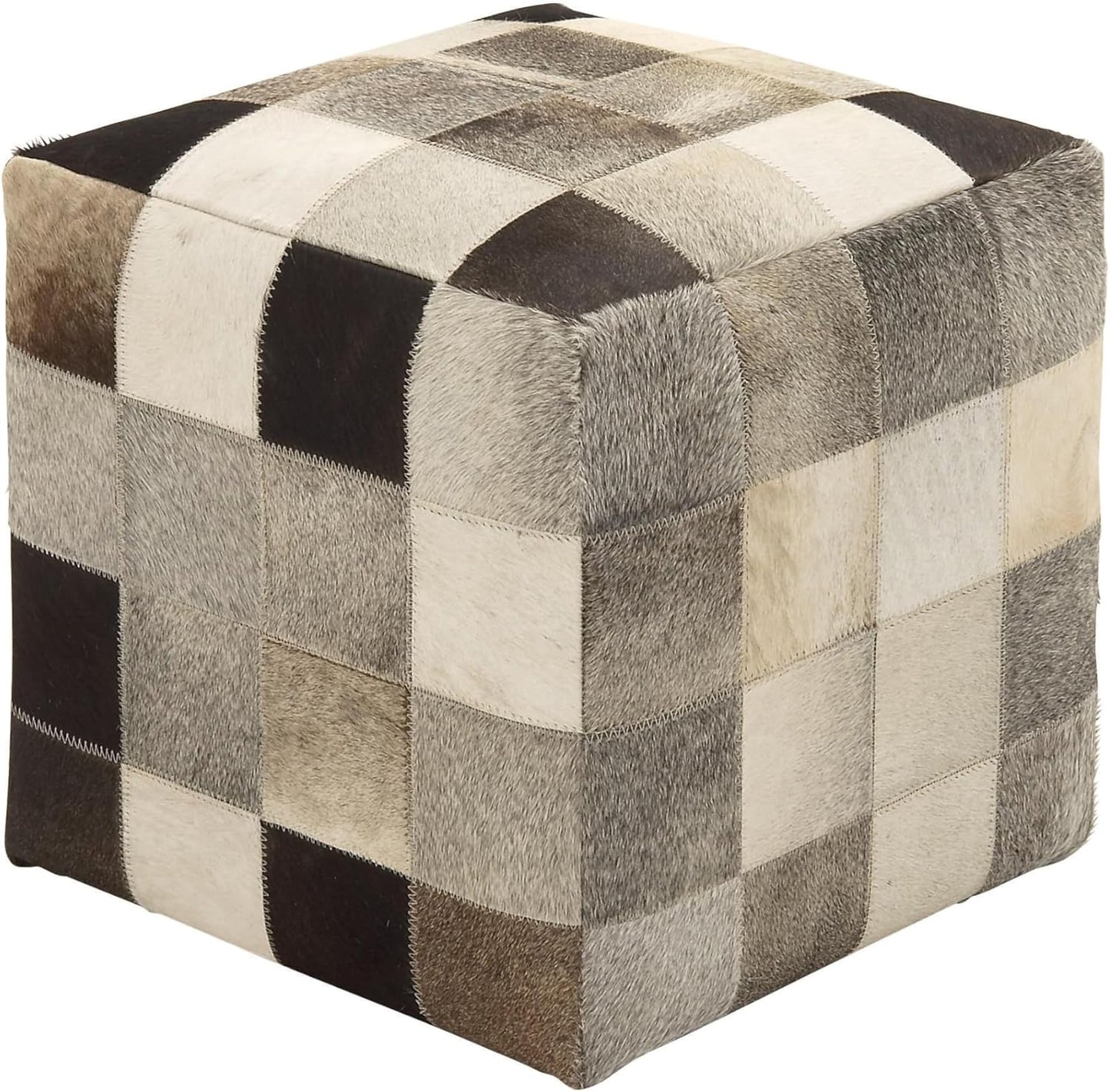 Deco 79 Leather Handmade Stool with Silver Foil Paint, 16" x 16" x 17", White